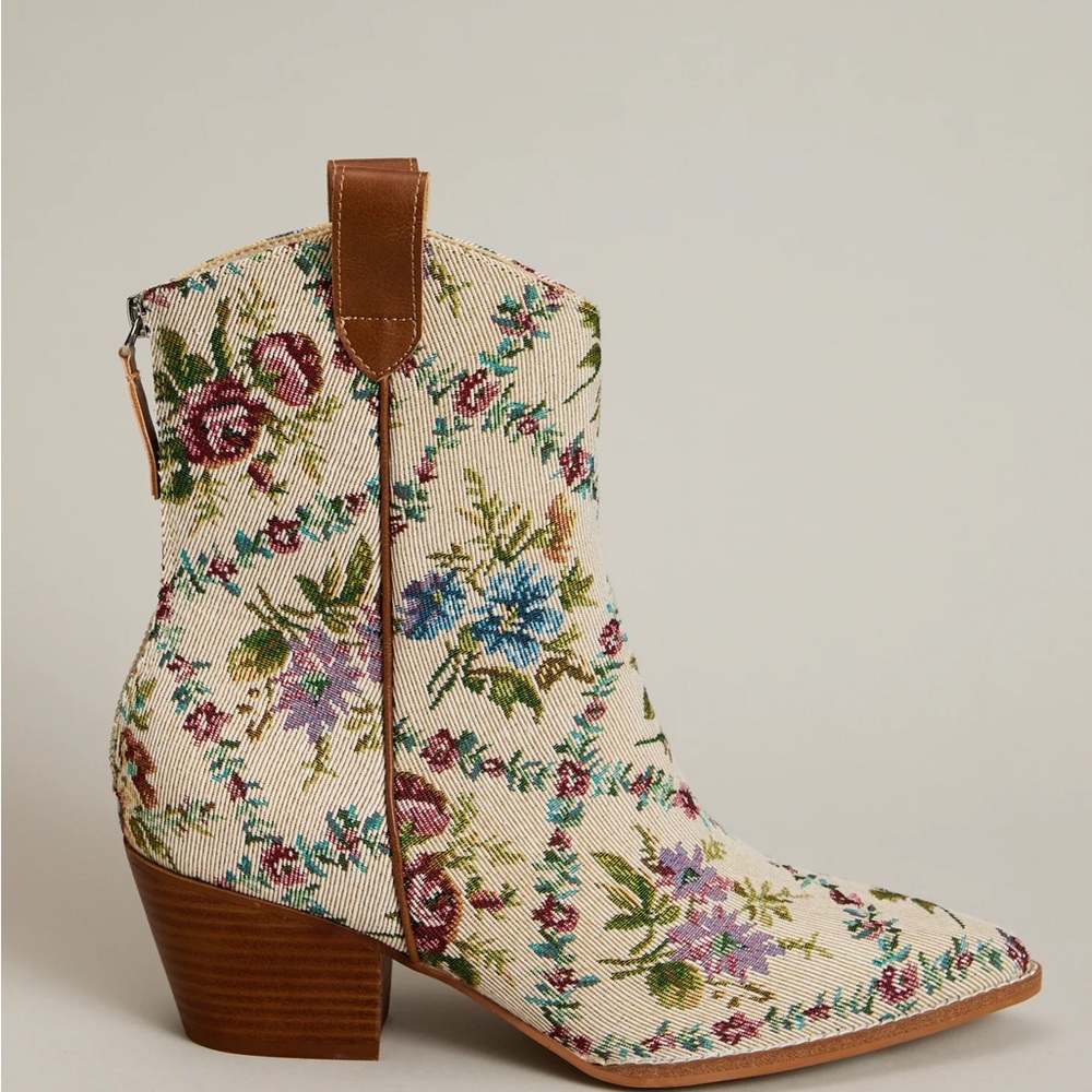 Altar'd State Floral Embroidered Cream Ankle Boots with Brown Heel